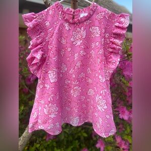 J MARIE Millie Pink Floral Ruffle Smocked Sleeve Top Size Small